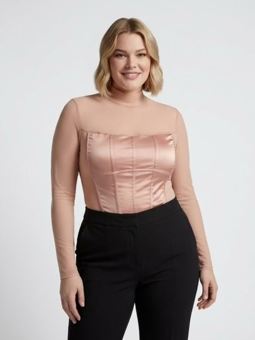 Mesh and satin bodysuit, Guess Elle Bustier Bodysuit
